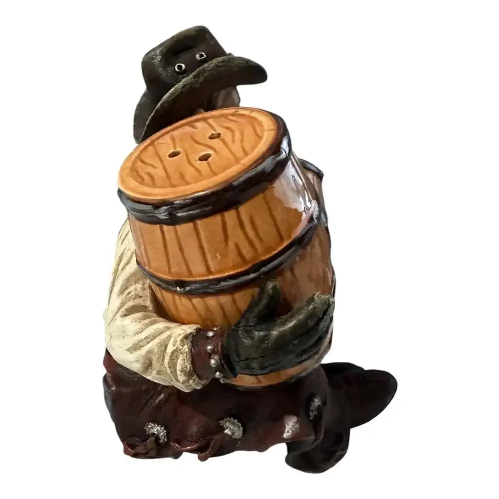 Rivers Edge Cowboy Holding Barrels Salt Pepper Shaker Set Western Rustic